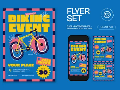 Blue Quirky Illustration Biking Event Flyer Set biking biking event challenge community competition cycling fitness flyer graphicook outdoor poster psd race ride template