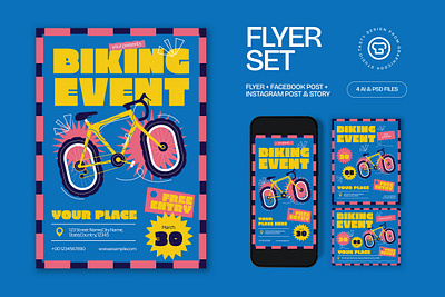 Blue Quirky Illustration Biking Event Flyer Set biking biking event challenge community competition cycling fitness flyer graphicook outdoor poster psd race ride template