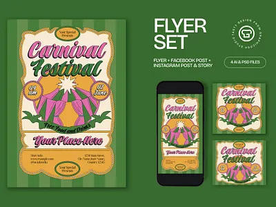 Green Beige Vintage Aesthetic Carnival Flyer Set flyer fun graphicook poster psd template