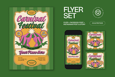 Green Beige Vintage Aesthetic Carnival Flyer Set flyer fun graphicook poster psd template