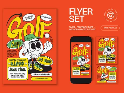 Orange Yellow Quirky Illustration Golf Tournament Flyer Set flyer graphicook poster psd swing template