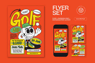 Orange Yellow Quirky Illustration Golf Tournament Flyer Set flyer graphicook poster psd swing template