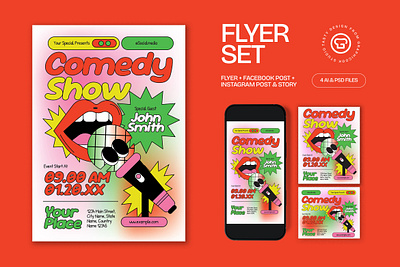 Red Pink Quirky Illustration Comedy Show Flyer Set flyer graphicook live poster psd template