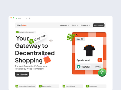 Web3shop Crypto E-commerce Landing page Hero section. blockchain branding cryptocurrency design hero section landing page product design ui uiux user experience user interface ux web design web3