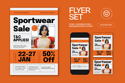 White Orange Utilitarian Sportwear Sale Flyer Set apparel flyer graphicook poster psd template