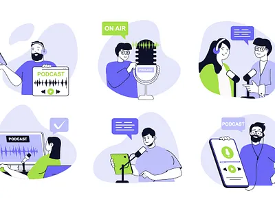 Podcast Illustrations audio cartoon character concept flat graphic design illustration media microphone music people person podcast radio scene streaming vector video web