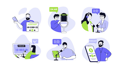 Podcast Illustrations audio cartoon character concept flat graphic design illustration media microphone music people person podcast radio scene streaming vector video web
