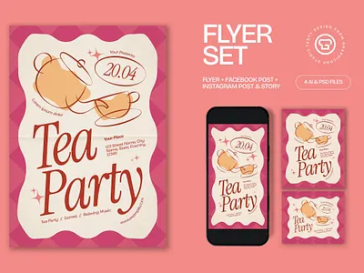 Pink Quirky Illustration Tea Party Flyer Set elegant flyer graphicook poster psd template