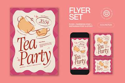 Pink Quirky Illustration Tea Party Flyer Set elegant flyer graphicook poster psd template