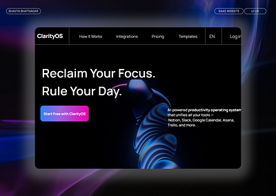 Designing ClarityOS – An AI Productivity System figma framer landingpage saas ui uiux userinterface ux uxui website websitedesign