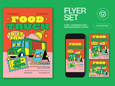 Orange Pink Quirky Illustration Food Truck Flyer Set flyer graphicook poster psd template vendor