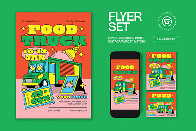 Orange Pink Quirky Illustration Food Truck Flyer Set flyer graphicook poster psd template vendor