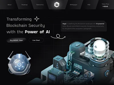 Aegis Landing Page UI 3d btc conveyor crypto defi eth ethereum factory hero illustration landing page robot section sol solana ui ux web web3