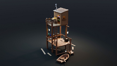 Ocean Treehouse with bunk beds 3d graphic design illustration