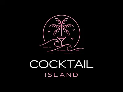 Cocktail Island beach bird branding cocktail drink icon illustration island landscape logo mark palm panorama sea surfing tree vector wave