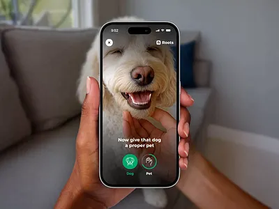 Pet a dog to unblock your apps – Roots ai animation app block apple intelligence ar augmented reality camera camera scan detect detox dog doomscroll mobile app motion pet phone addiction scan screen time ux