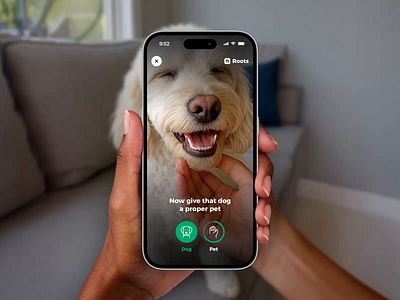 Pet a dog to unblock your apps – Roots ai animation app block apple intelligence ar augmented reality camera camera scan detect detox dog doomscroll mobile app motion pet phone addiction scan screen time ux