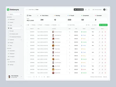 Stellarsync - SAAS CRM Dashboard Order Page animation card clean crm crm dashboard design list management management order minimalist monitoring order page smooth table ui uiux ux