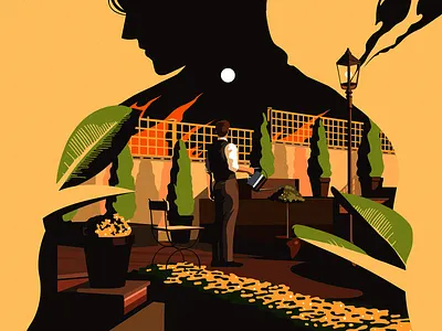 War in mind backyard drawing fence fire flames flower garden gardening illustration lawn man midnight park patio silhouette silhouettes terrace vector war yard