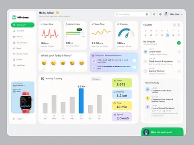 AI-Powered Mental Health & Wellness Web App ai applewatchintegration dashboard dashboardui dribbble figmadesign fitnessui healthwellness uxui webappdesign webapps wellnessapp wellnessdesign