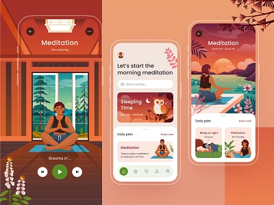 Meditation Mobile App ⛰️ app design application daily flower gradient icon ios landscape meditation mobile night orely owl people plant play relax room ui design woman