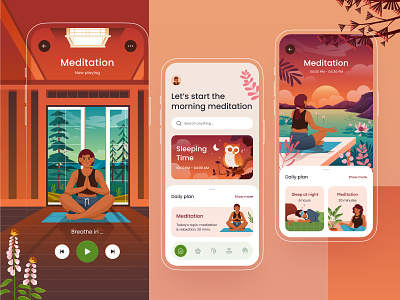 Meditation Mobile App ⛰️ app design application daily flower gradient icon ios landscape meditation mobile night orely owl people plant play relax room ui design woman