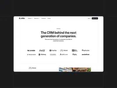 Attio customers page ai brand identity branding clean crm customers grid landing page lines minimal quote saas software swiss tech testimonial tiles typography ui web design