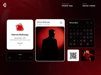 Eventure — Events Mobile App UI app calendar cards dark theme elements ivents mobile app qr code social media ticket ui design