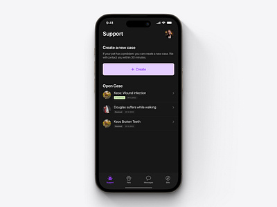 Support App | iOS Dark Mode app concept daily ui dailyui design interface light minimal mobile modern pet support support app ui ui design uidesign ux veterinarian