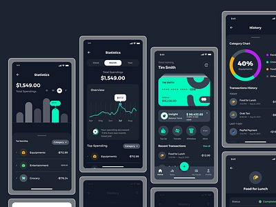 Fintech Mobile app Dashboard, transection history screens app design app ui branding component dark theme design design system digital money figma finance app fintech app graphic design mobile banking prototype style guide ui ui case study ui ux design user journey map wireframe