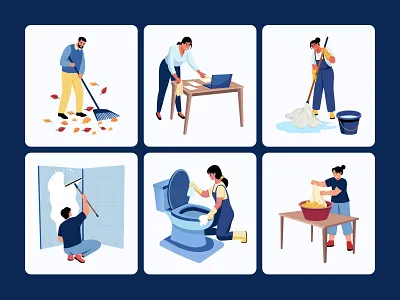 Cleaning Illustration Art Set artwork broom character chores cleaning cleaning art detergent gloves household housekeeping housework hygiene illustration mop sanitation spray supplies tiding tools vector