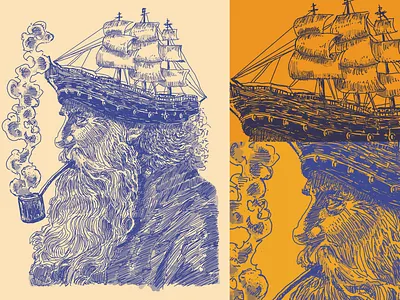 Sailor, Pipe, and Ship Hat | E-Ink captain drawing hat illustration man ocean old pipe pirate portrait profile sail sailor sea series ship side smoke texture weathered