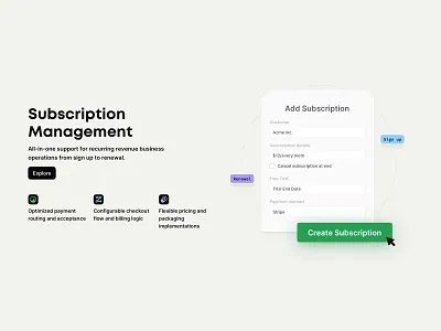 Subscription Management abstract design features icons management marketing payments saas subscription ui web website