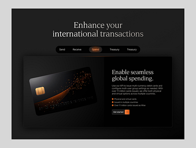 Fintech Credit Card Finance Website bank bank card credit card dark mode debit card features finance finances fintech money orange payment payments paytech saas spending tabs transactions web design website