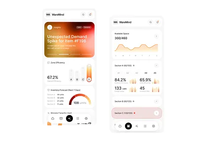 WareMind — Mobile App for AI Insights & Inventory Control ai assistant ai insights ai platform android app b2b app b2b saas dashboard industrial tech inventory app ios mobile inventory mobile ui product design saas saas design smart warehouse supply chain app ux warehouse