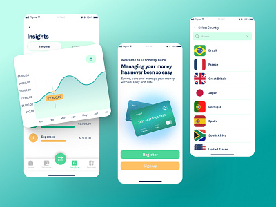 Fintech app | bank analytics app design bank banking card country e commerce figma fintech flags gradient insights ios mobile app product design turquoise ui design ux design welcome yellow