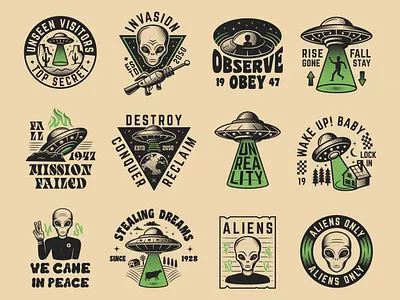 Retro Halftone Aliens Emblems abduct alien aliens apparel badge cosmos emblem halftone label logo poster print retro saucer t shirt ufo vector vintage