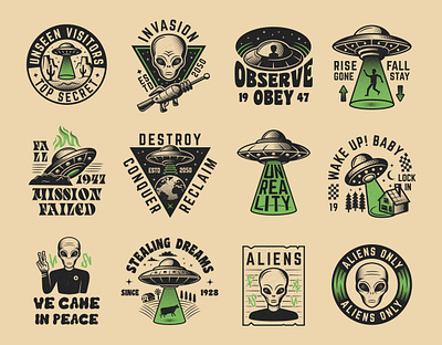 Retro Halftone Aliens Emblems abduct alien aliens apparel badge cosmos emblem halftone label logo poster print retro saucer t shirt ufo vector vintage