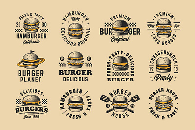 Retro Burgers logos branding burger cheeseburger emblem fast food food grunge halftone hamburger illustrator logo poster restaurant retro vector vintage
