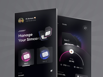 Sim Card Manager App - Dark Mode ⚡🚀 3d app arman contorl dark glass manager managment minimal mobile mode mood number oniex product design samcard sim sim card sim toolkit ui