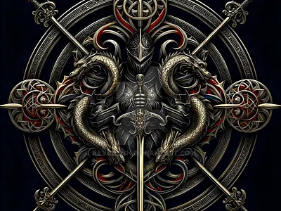 Fencing School Logo Final Draft branding commission concept detailed digitalart dragons esoteric example eye catching fantasy fencing graphic design intricate knight logo professional symbolism vivid