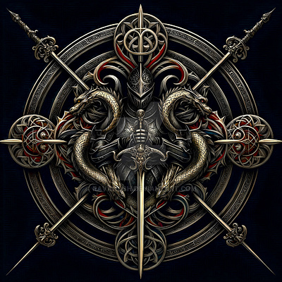 Fencing School Logo Final Draft branding commission concept detailed digitalart dragons esoteric example eye catching fantasy fencing graphic design intricate knight logo professional symbolism vivid