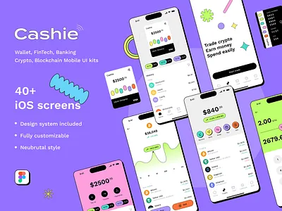 Cashie - eWallet, FinTech, Banking, Crypto, Neubrutal Mobile app 2023 ui trends banking app cash app cryptocurrency app digital wallet ewallet fintech mobile ui kits neubrutal design neubrutalism nft payment app ui design ui kits for mobile app