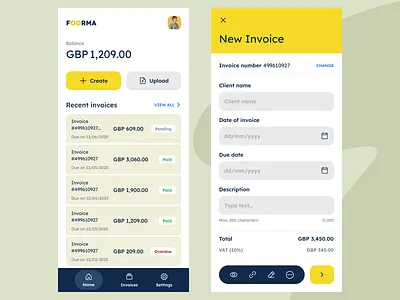 Invoice maker branding clean daily ui dailyui flat google home screen invoice material mobile app new popular shapes ui ui design yellow