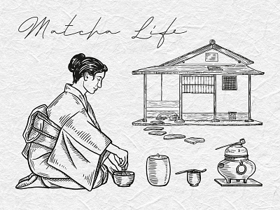 Illustrations for Matcha Tea project drawing girl house illustration japan kyoto matcha tea vintage