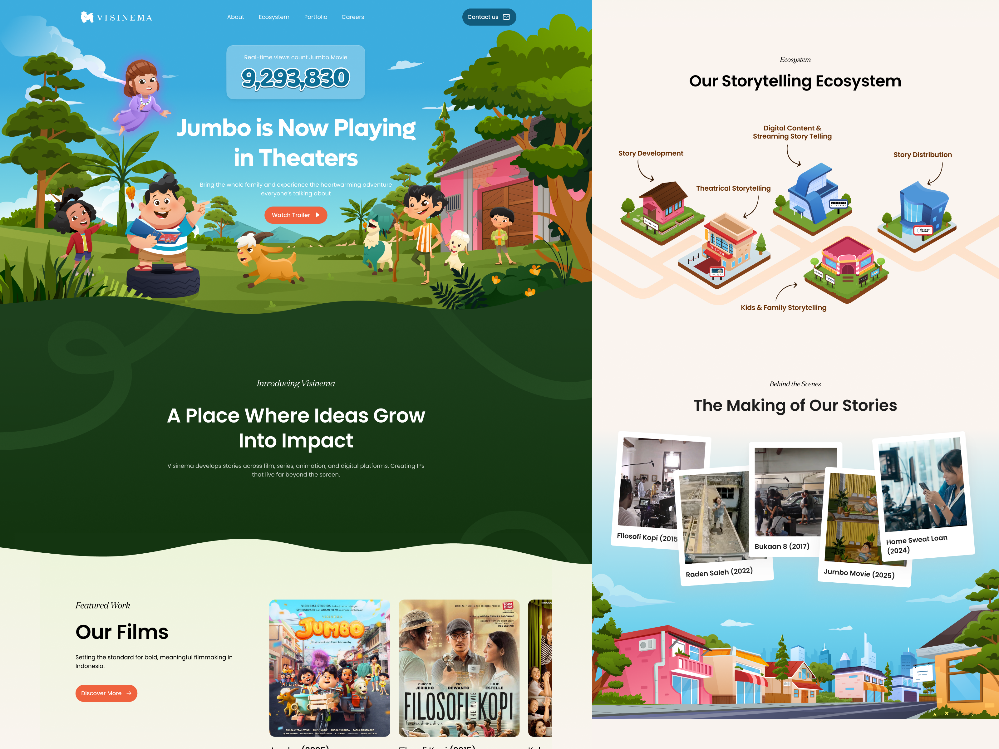 Visinema - Movie PH Landing Page Animation 🎬 animation design entertainment film illustration landing page orely playful redesign storytelling ui ux vibrant web website