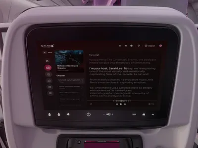 Qatar Airways - In-flight Entertainment - Podcast app clean dashboard design entertainment flight hud inflight minimal music pause plane play playlist podcast saas transcript ui ux