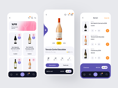 Alcohol Wine Market App alcohol app bottle cart catalog cuberto interface design market marketplace mobile design payment search tabbar ui usability ux wine