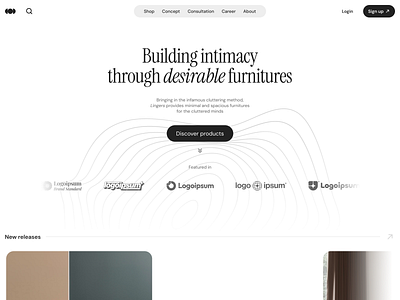 clean furniture shop landing page design background black branding clean design figma framer furniture graphic design greyscale illustration intimacy landing page light seamless serif simple ui ux white