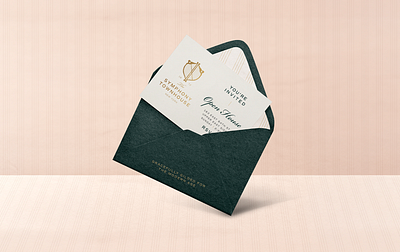 The Symphony Townhouse Branding branding classic classical design envelope formal gilded gilded age gold graphic design harp invite logo logo design open house pinstripe real estate rose